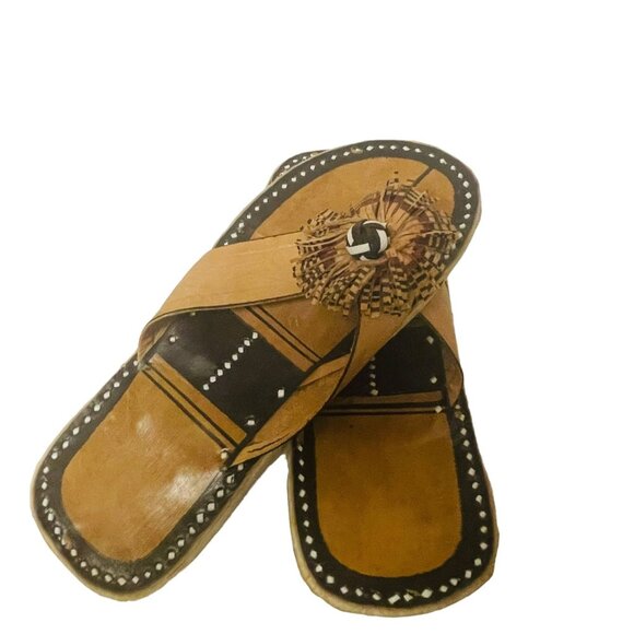 Vintage Flat Slippers Handcrafted Leather Cowhide Sandals Brown Size 10 3/4" - Picture 7 of 8